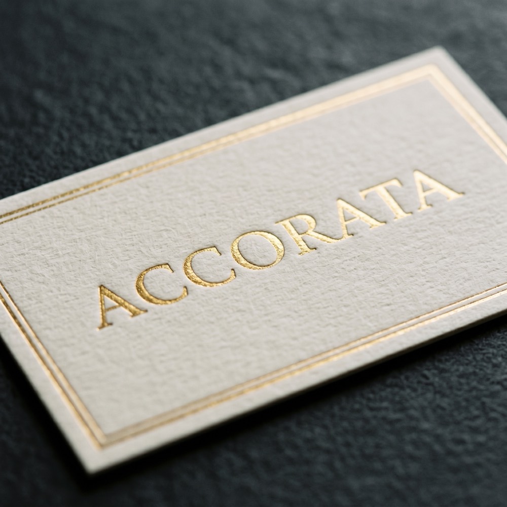 Accorata business card – embossed ivory and gold foil