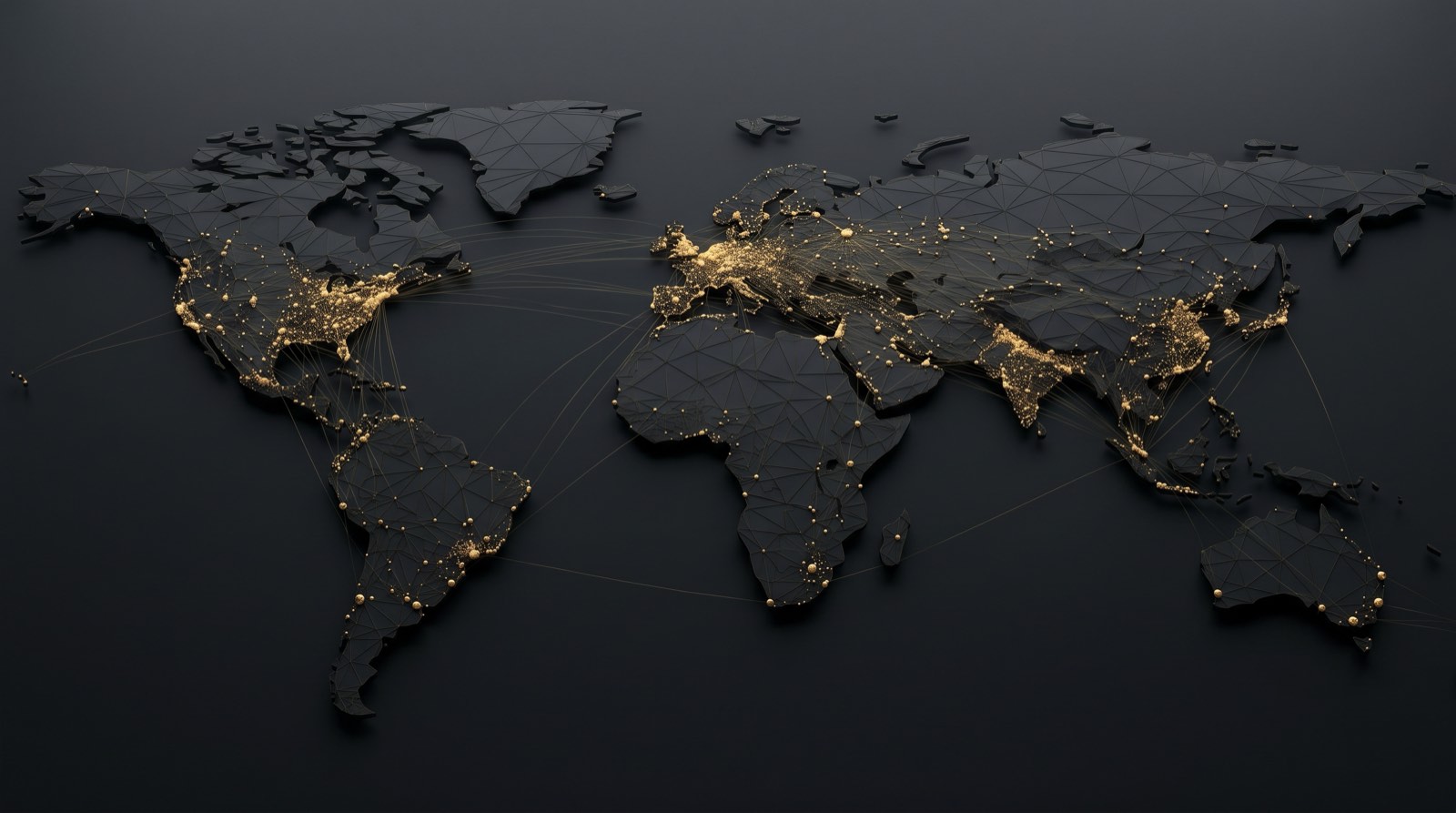 Abstract 3D startup map – gold points on graphite tessellation, global deal coverage