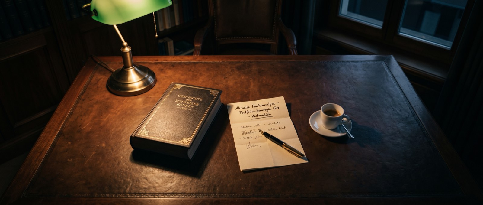 A banker's desk at night – leather surface, green brass lamp, bound memo