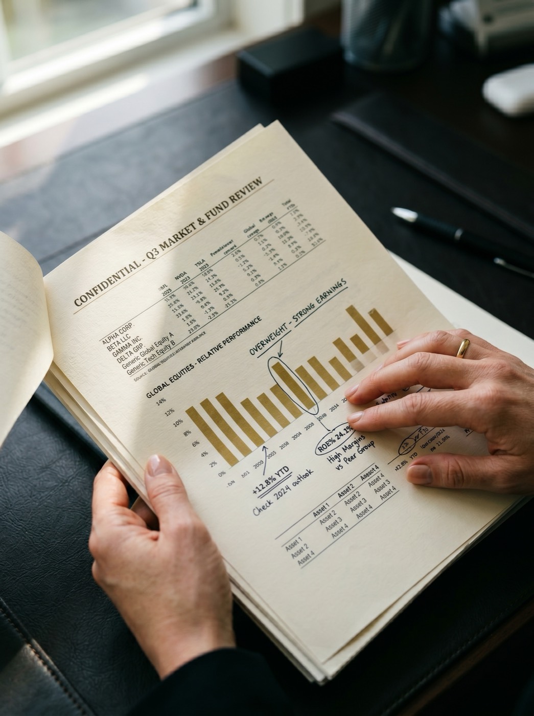 Founder intelligence memo – hands annotating printed pages