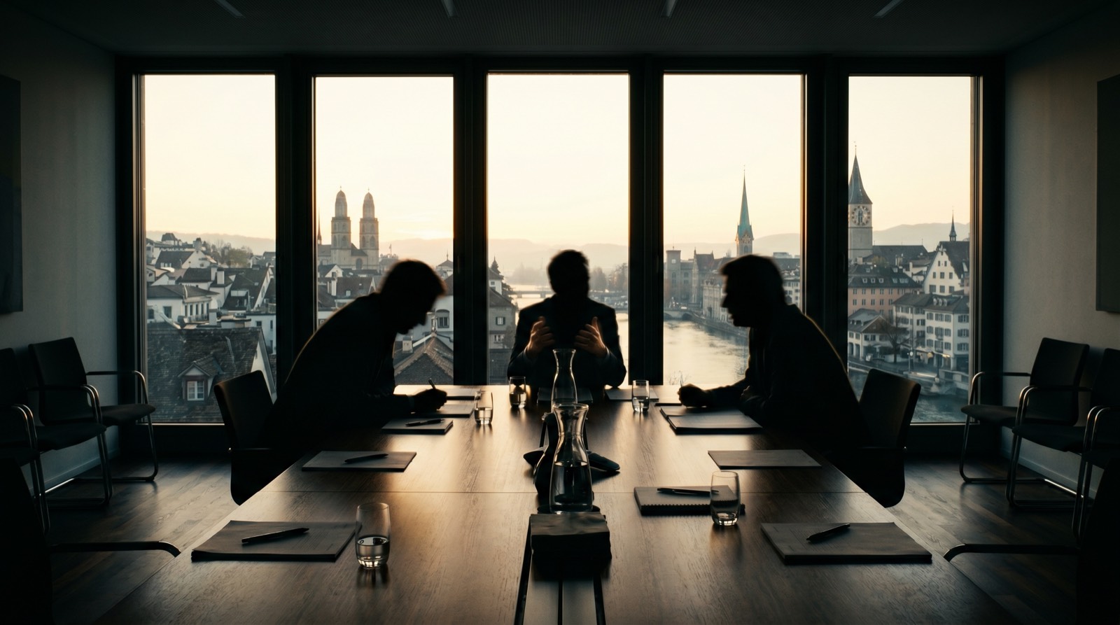 Team silhouettes in a Zurich conference room – morning light, long table